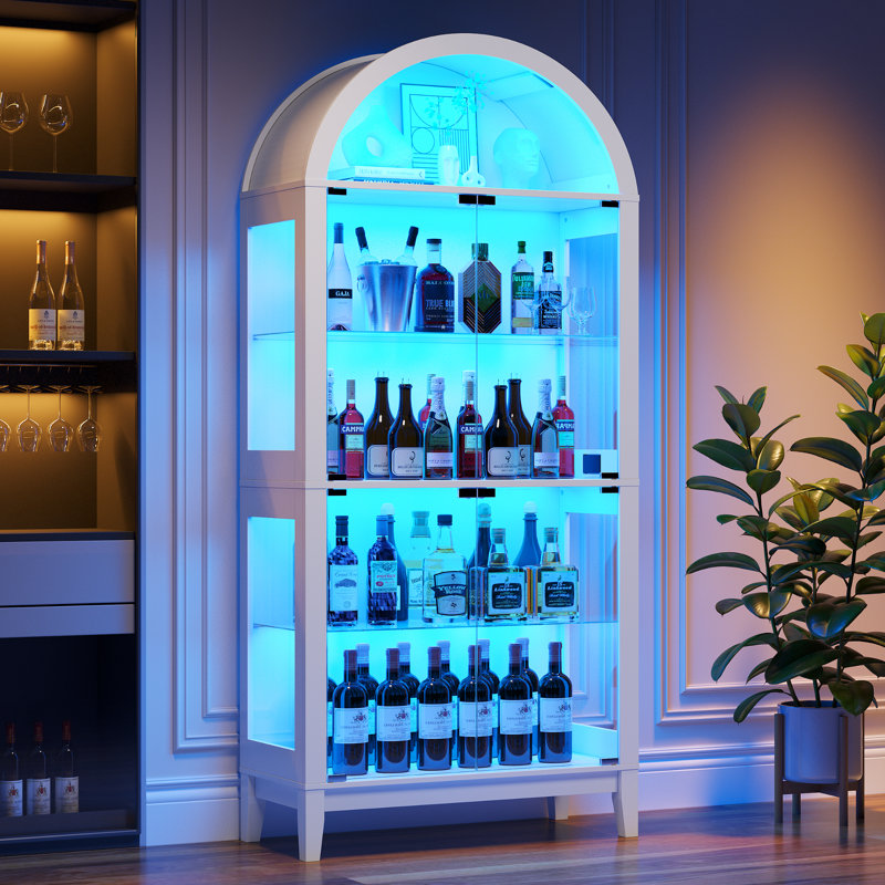 175cm H x 75cm W Modern Arched Glass Bookcase with RGB LED Lighting & Removable Shelves, White