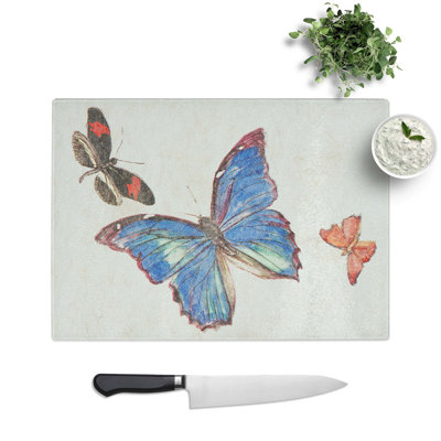 Tempered Glass Three Butterflies by Fujishima Takeji Cutting Board