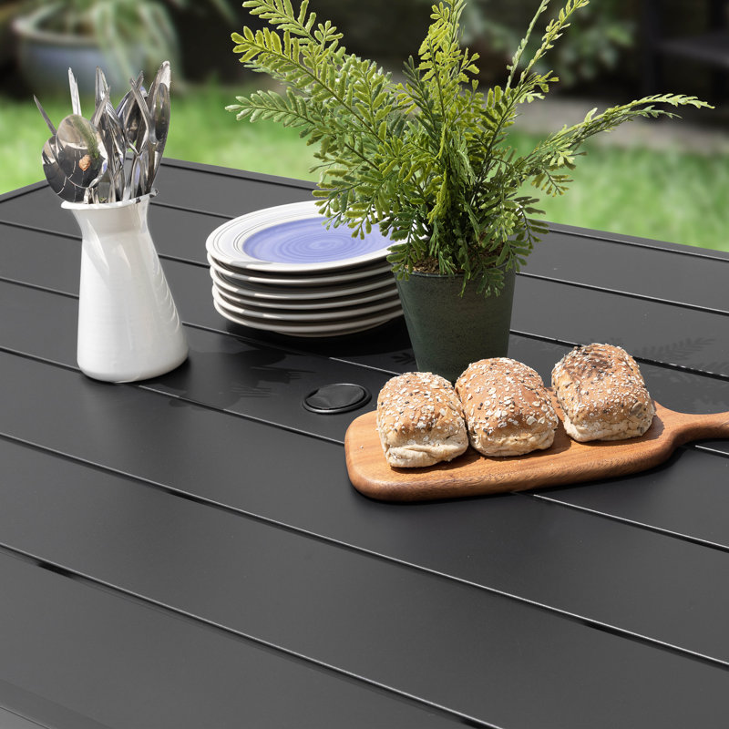 Outdoor Rectangle Powder-coated Iron 6-Person 60.6" Dining Table with 1.57'' Umbrella Hole, Iron Slatted Tabletop and Powder-coated Iron Frame, for Patio
