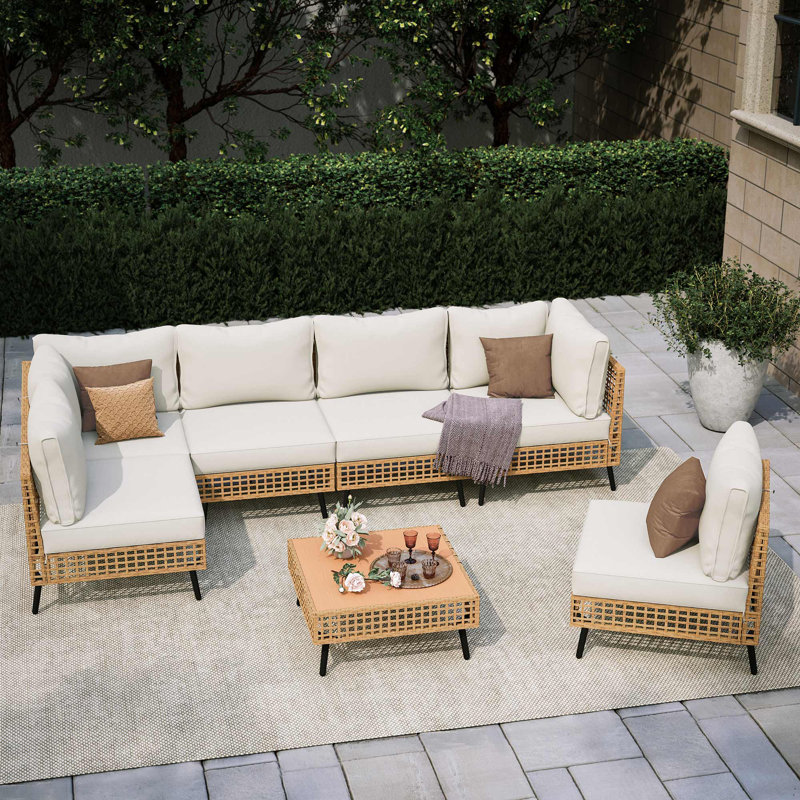 Ensemble de conversation modulaire pour patio avec coussins 6 personnes All-Weather, Blanc / beige
