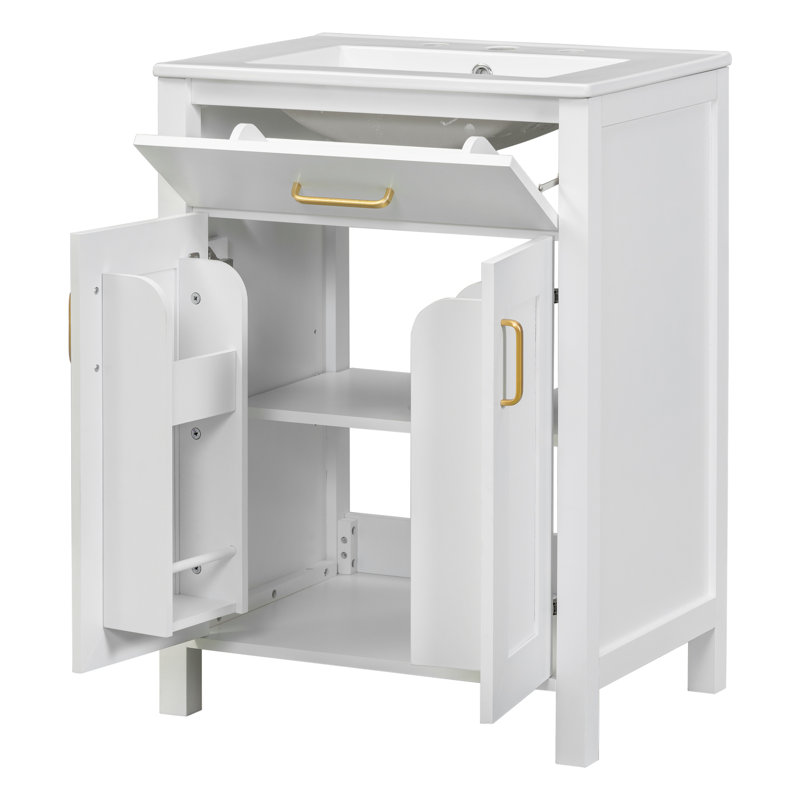 Meuble-lavabo de 24 po avec lavabo en céramique compact de luxe. L 24,2 po x P 18,5 po x H 34 po. Cadre en bois massif, portes. Ornements dorés. Tablettes de rangement spacieuses. Tablette réglable. Armoire moderne, compacte et élégante