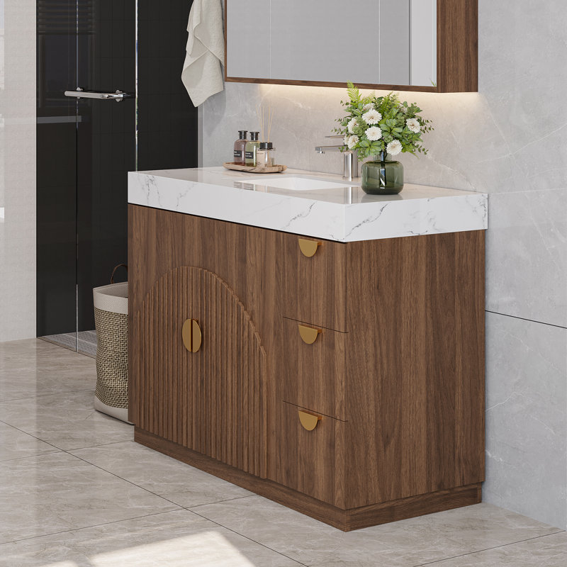 Meuble-lavabo autoportant de 48 po avec lavabo, comptoir en pierre, tiroirs à fermeture en douceur et armoire de rangement réglable