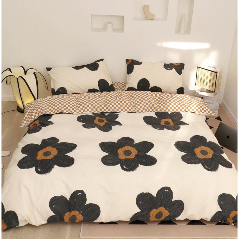 Floral Comforter Set Botanical Flower Bedding Set, Queen Comforter + 2 Standard Pillowcases, Black Flower