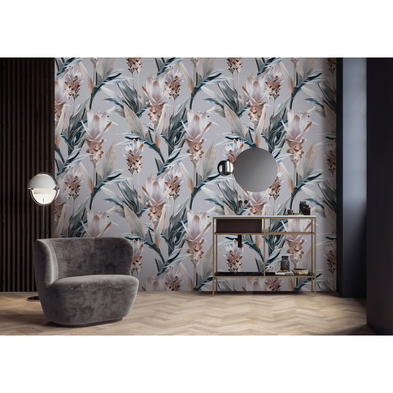 Papier peint amovible moderne avec fleurs exotiques, L 98,04 po x l 150 po