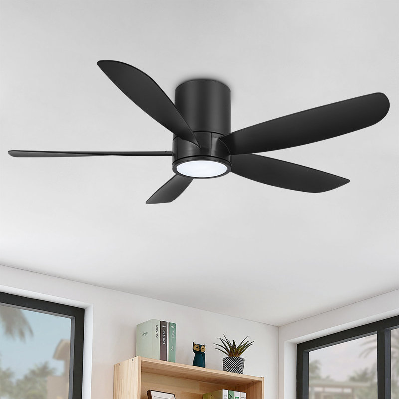 52 In. 5 Blades Flush Mount Indoor Ceiling Fan With Light Kit And Remote, Black, Black, Black