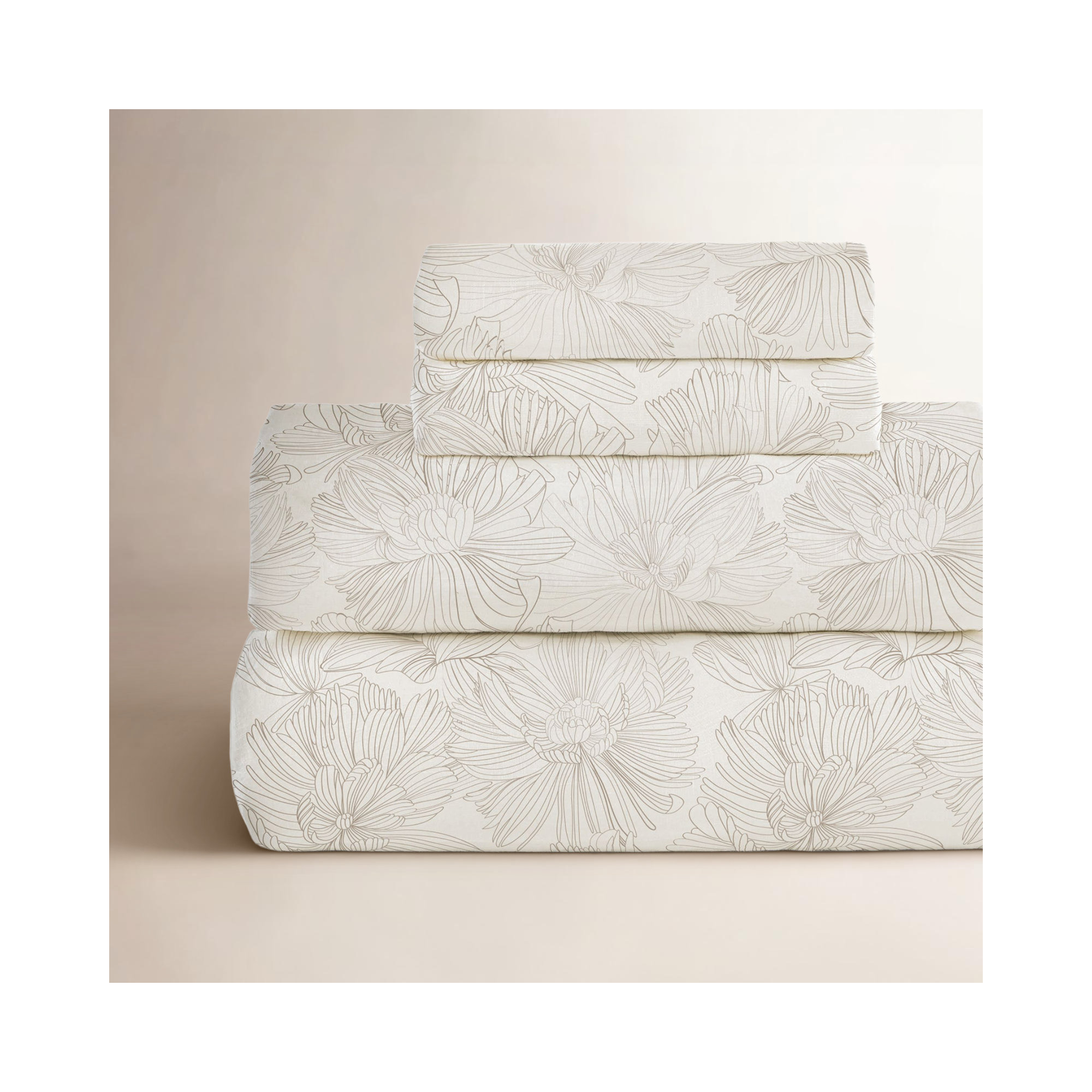 100% French Linen Sheet Set, Full Sheet Set with 2 Pillowcases, Cream/Putty Floral
