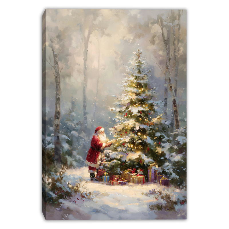 «Santa Decorating a Snowy Christmas Tree», art mural sur toile, 36 po x 48 po