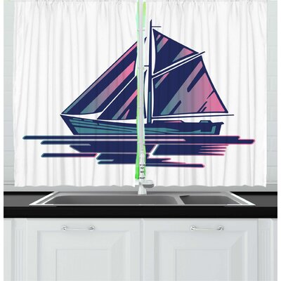 2 Piece Sailing Boat Continuous Sailing Boat 80'S Style on Plain Backdrop Pattern Kitchen Curtain Set -  East Urban Home, C54BBE3361C94020A01DF53C126C3D3E