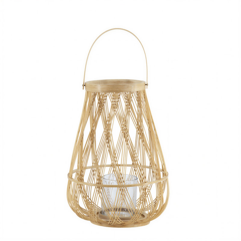 Porte-bougie 13,5 po H, lanterne en bambou rustique pour décoration de table ou de patio