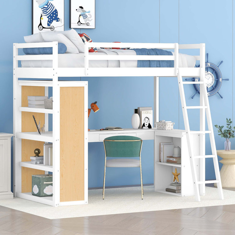 Lit mezzanine avec échelle, tablettes et bureau