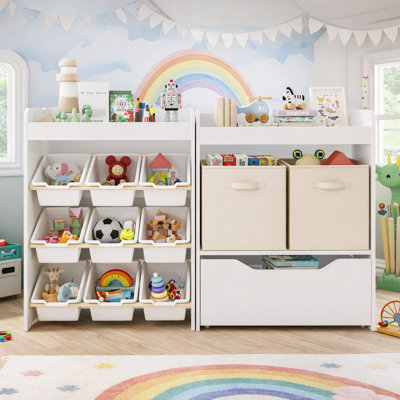 4 In 1 Toy Storage Organizer With Bookshelf And Large Drawers, Hidden Wheels by Zoomie Kids