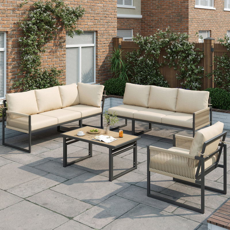 6-7 Seat Modular Outdoor Sofa Set With Adjustable Plastic Wood Table & Rope