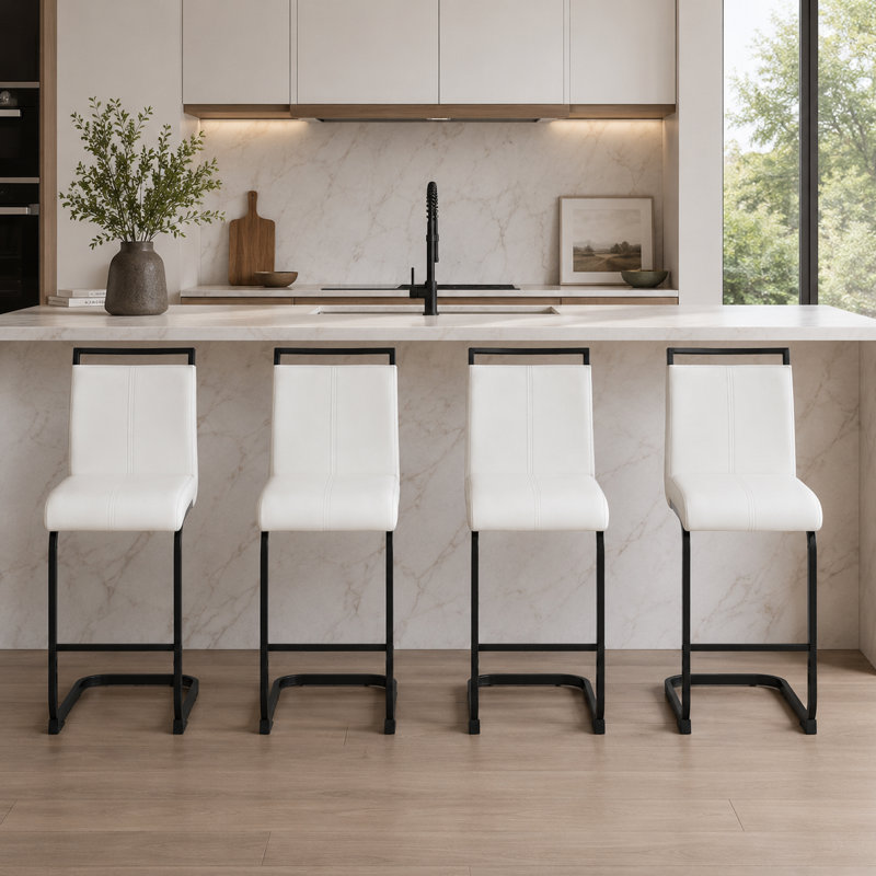 Tabourets de bar modernes en porte-à-faux rembourrés avec repose-pieds, Noir, Blanc