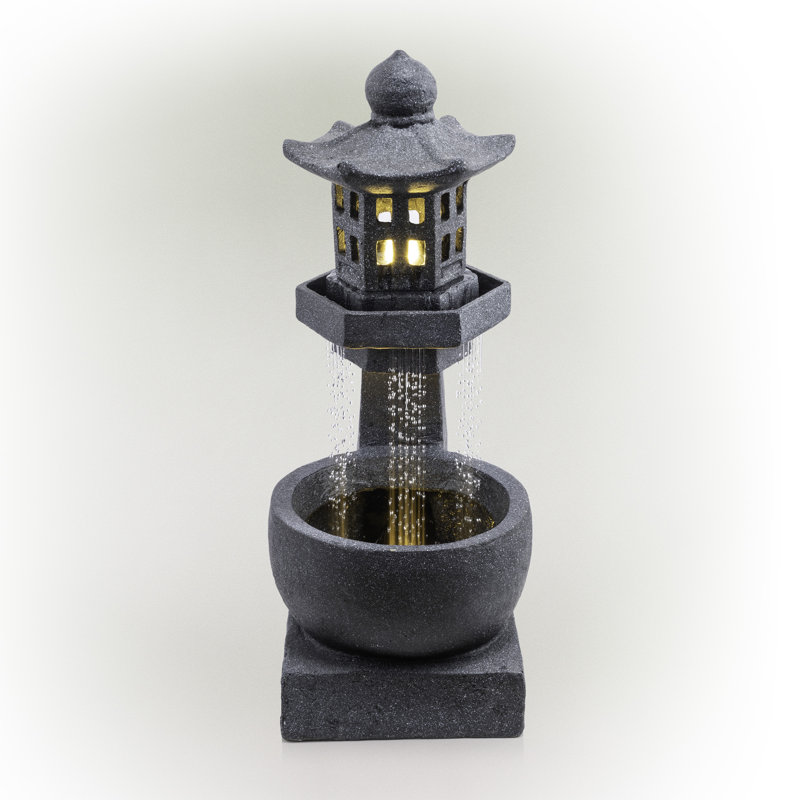Fontaine d'extérieur Zen Pagoda, 31 po avec lumières DEL et bol en pierre, gris