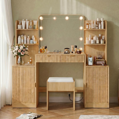 Makeup Vanity Set With Led Lighted Mirror & Power Outlet, Vanity Desk With Stool For Bedroom