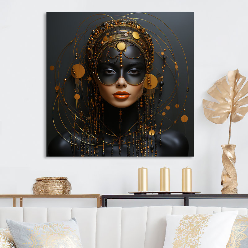 Or et noir Tribal Godness Queen II - mode, art mural en métal, H 36 po x l 36 po x P 1,5 po