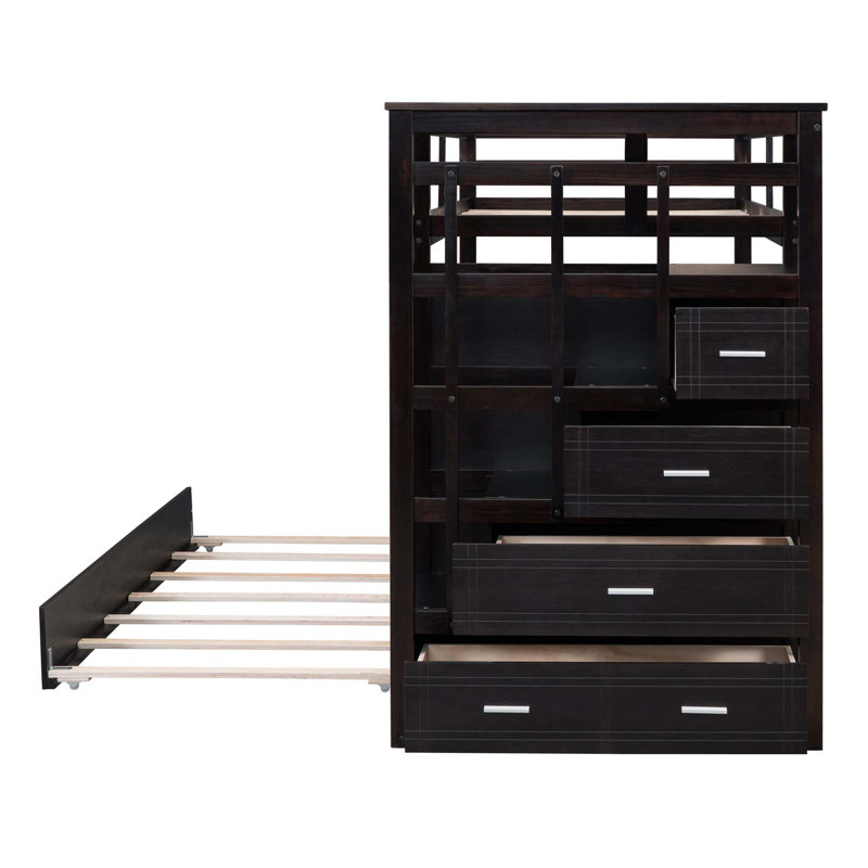 Bunk Bed With Trundle And Staircase,, Espresso