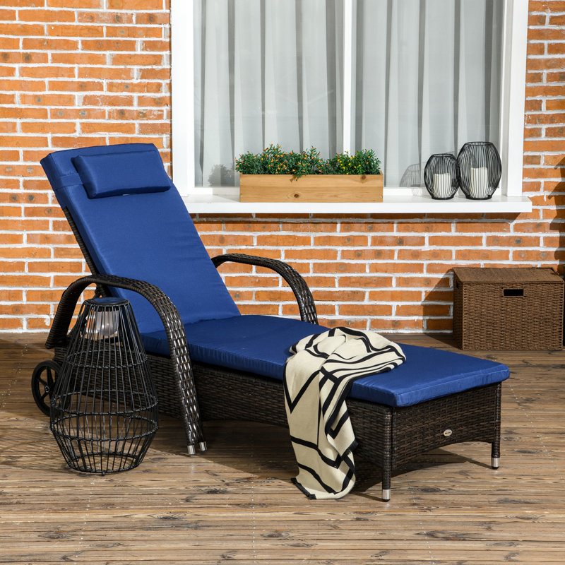 - Chaise longue de piscine, 5 niveaux, roues, coussins et 5 positions de brun et de bleu foncé