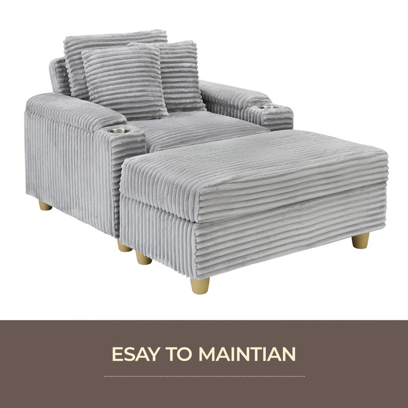 Canapé simple en velours côtelé avec un coussin, deux coussins décoratifs, un repose-pieds et deux espaces de rangement, Gris