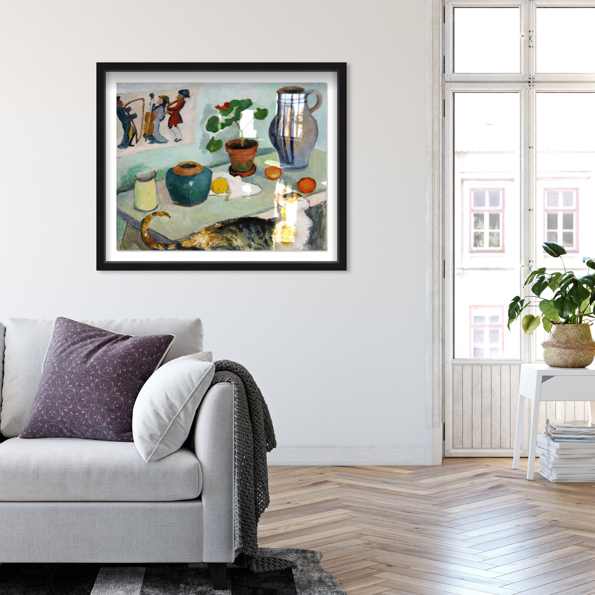 August Mackes Still Life With A Cat Art, Black Framed, 21" H x 25" W x 0.5" D