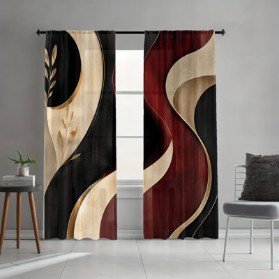 Ensemble de 2 rideaux occultants à motifs tourbillonnants abstraits, imprimés métallisés noir, rouge et or, style à œillets, parfaits pour le salon, la chambre à coucher, la chambre d'amis, une maison de campagne ou une décoration intérieure esthétique.