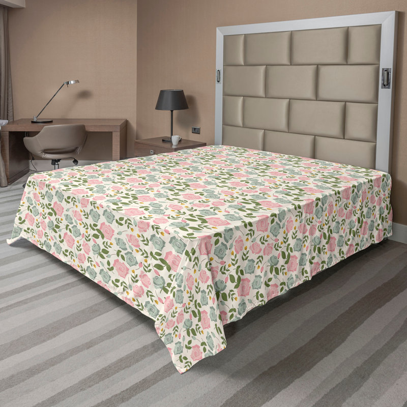 Drap plat moderne de style bohème Ambesonne, Drap plat grand, Vert olive pâle / motif floral coquille d'œuf