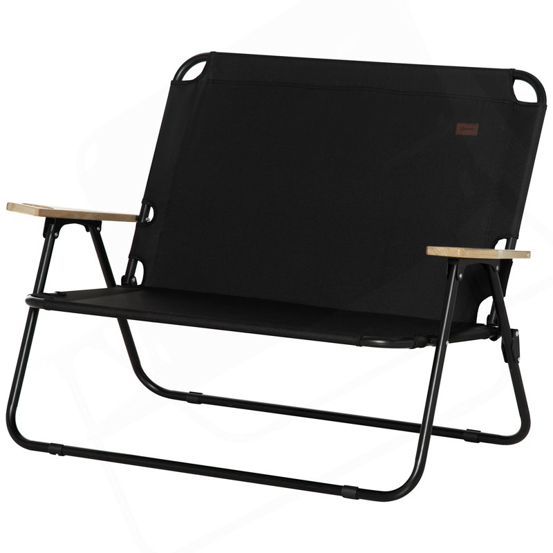 Outsunny Double Folding Camping Chair, Loveseat For 2 Adults, Portable Camping Couch With Wood Armrest & Cupholders, For Backpacking, Beach, Sports Travel, Black