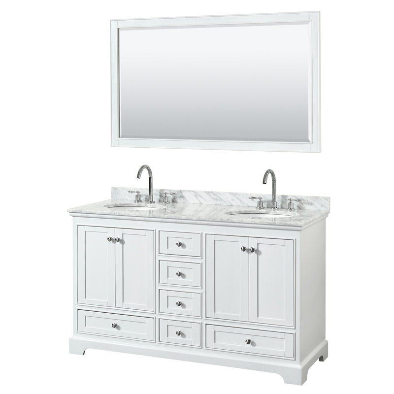 Ensemble de meuble-lavabo double 60 "avec miroir Deborah, Blanc, Chrome poli