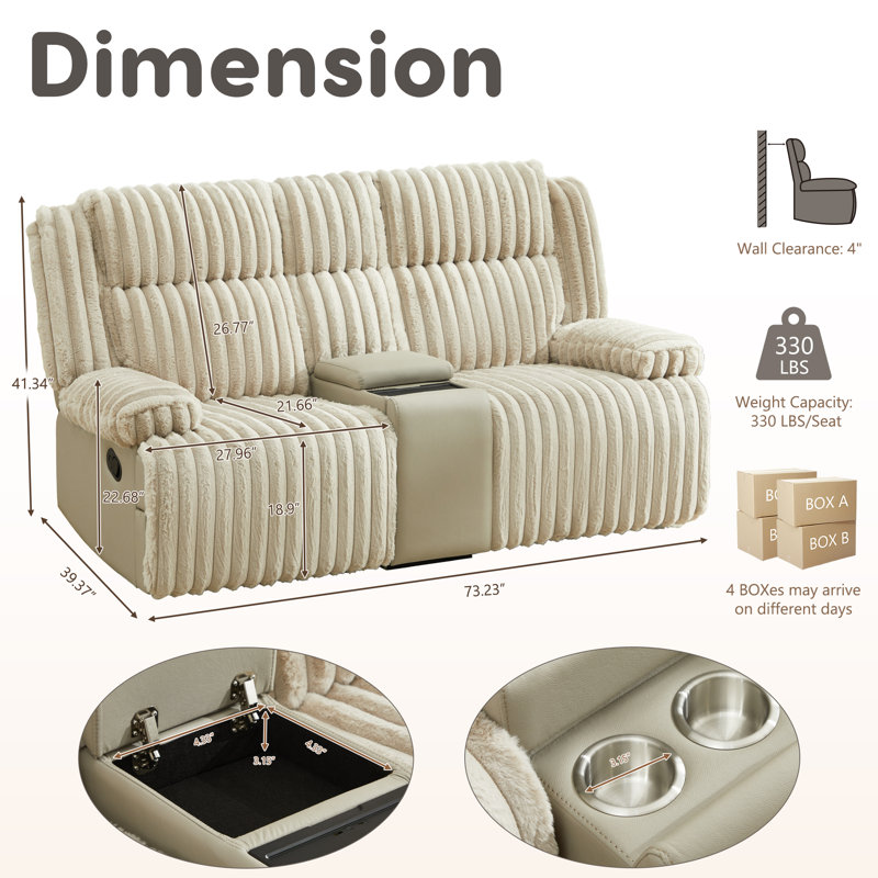 Causeuse inclinable manuelle rembourrée en velours côtelé de 73,23 po de largeur, Beige