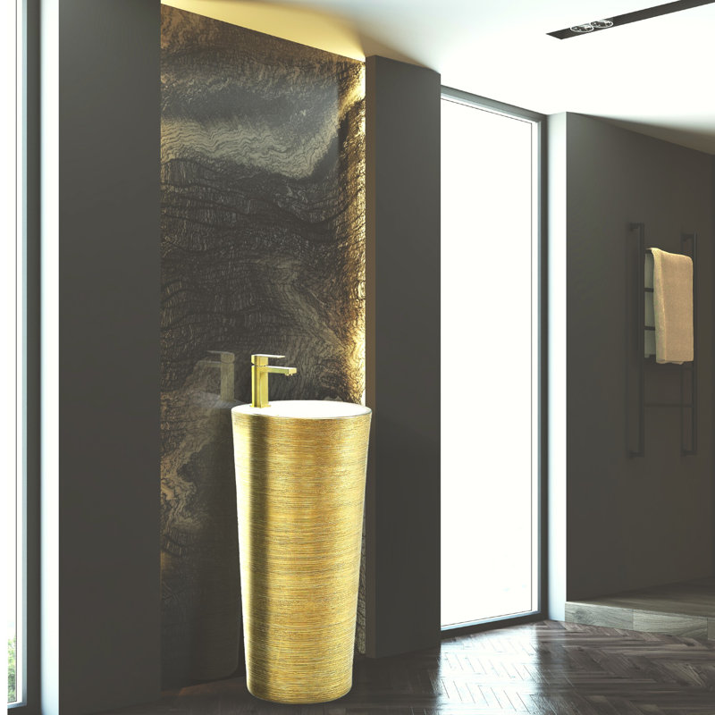 Vitreous China Pedestal Bathroom Sink with Overflow, Brushed Gold