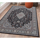Breedlove Traditional Machine Woven Flatweave Black and Charcoal Area Rug with Non Skid Backing