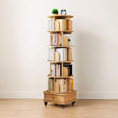 6-Tier 360° Rotating Bookshelf Tower with Drawer and Casters, Natural Wood Spinning Bookcase for Small Spaces, 68" H