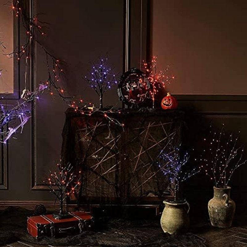 Lighted Halloween Garland With 48L Orange And Purple Bi-Color LED Lights 8 Functions, Black Glittered Garland Lights Battery Operated 6FT For Indoor Outdoor Halloween Party Decoration