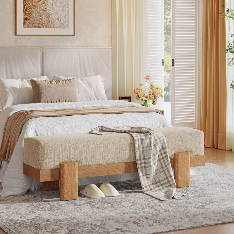 Linen Blend Upholstered Bench, Beige