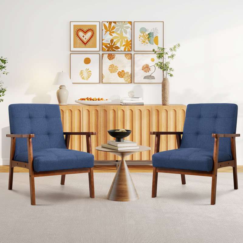 66cm wide Mid-Century Accent Chair With Wooden Armrests & Tufted Upholstered Seat (Set of 2), Blue