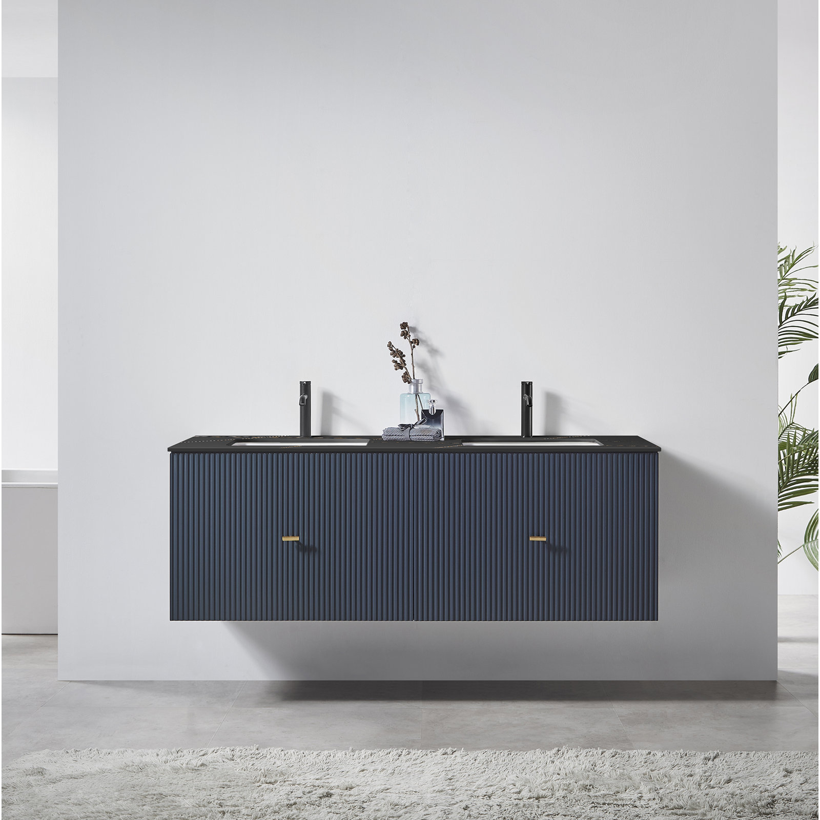 Jamell 60'' Double Bathroom Vanity, Dark Blue, Black