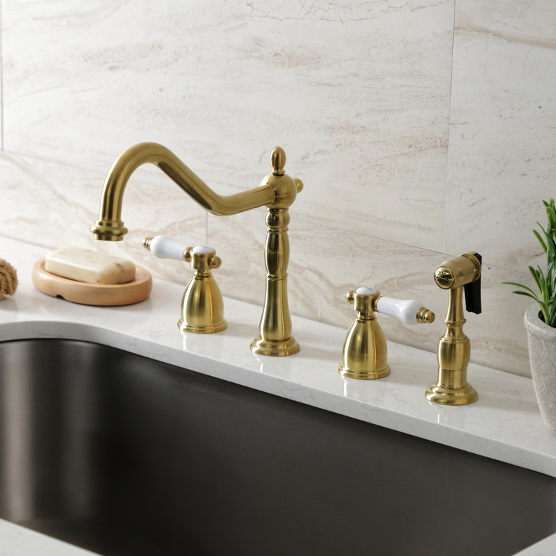 Kingston Brass Bel-Air Double-Handle Widespread Kitchen Faucet, With Side Spray, Brushed Brass