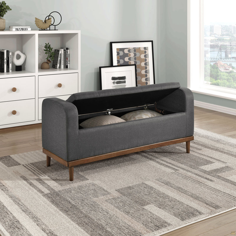 Mid-Century Modern Lift Top Storage Bench 1Pc Tufted Dark Gray Upholstered Solid Wood Walnut Finish Wooden Furniture