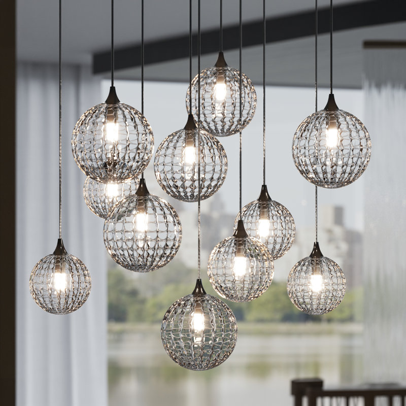Breeze 11 Grey Glass Pendants Chandelier, Black, 120"