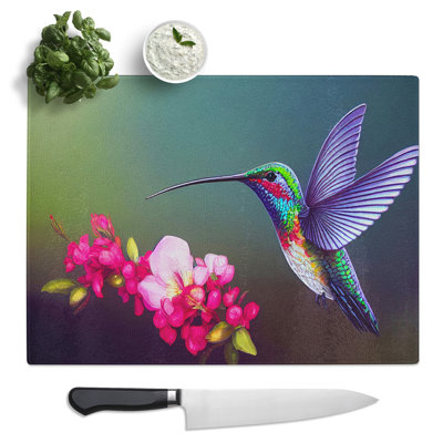 Unreal Floral Hummingbird  Glass Chopping Board