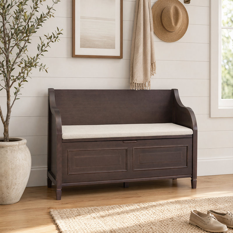 Banc de rangement élégant en bois massif avec compartiment caché et charnière de sécurité, Brun