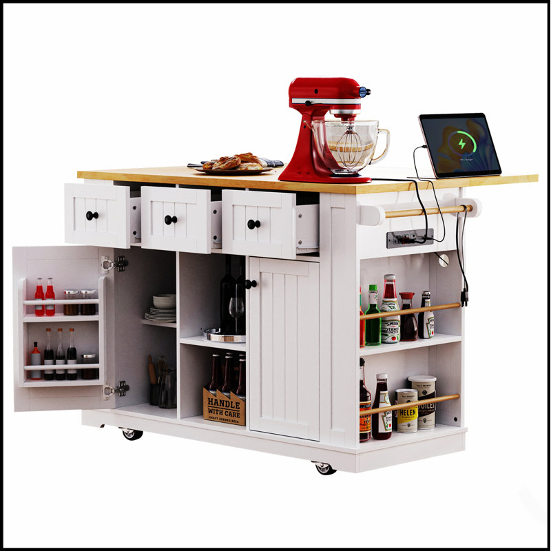 53-Inch Large Kitchen Island with Drop Leaf, Power Outlet, and Ample Storage, Perfect for Efficient Kitchen Organization and Mobility