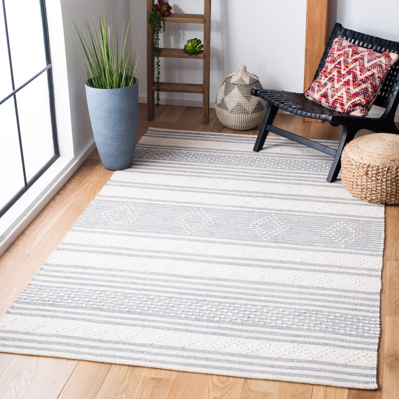 Adamsville Striped Hand-Woven Wool/Cotton Cream/Gray Area Rug, Square 7'
