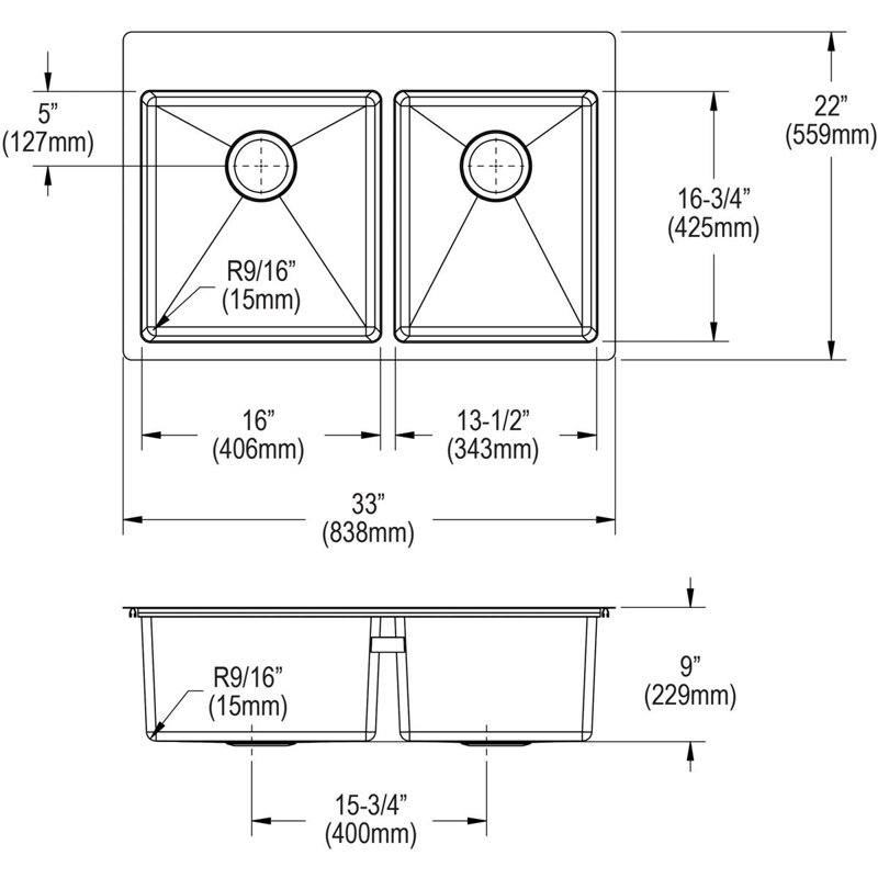 Crosstown Stainless Steel 33" L x 22" W Double Basin Dual Mount Kitchen Sink, 1 Hole, Design 2