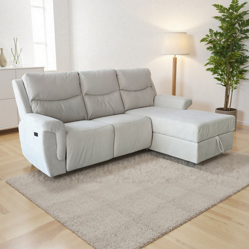 Right-facing Chaise Corner Sofa with Storage and Recliner Seat, 40" H x 86" W x 36" D, Cream