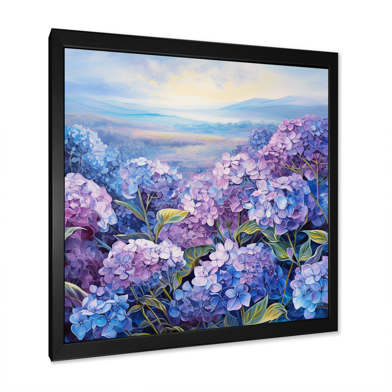 Fleurs d'hortensia mauve sur toile, Cadre simple noir, H 24 po x l 24 po x P 1 po