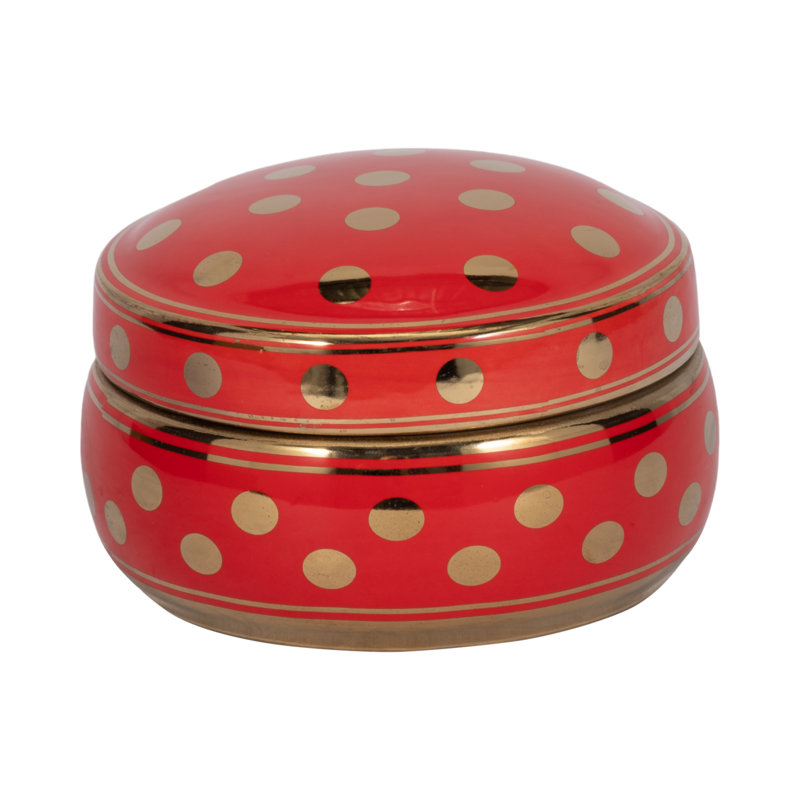 Embla Stoneware Ceramic Jar with Lid and Glam Polished Dot Embellishments for Decorative Display, 3.75" H x 7" W x 7" D