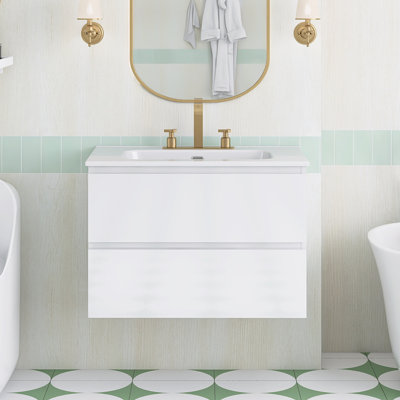 29.9'' Wall Mounted Single Sink Bathroom Vanity with Ceramic Top