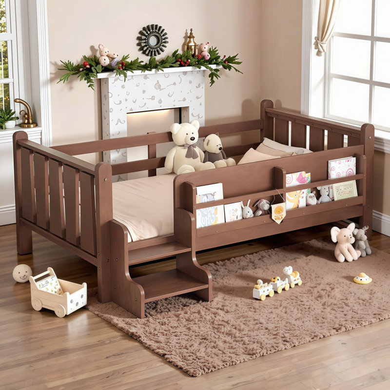 Lit en bois massif pour enfants avec bibliothèques de rangement et escaliers amusants - lit simple pour dormir en toute sécurité, sans sommier