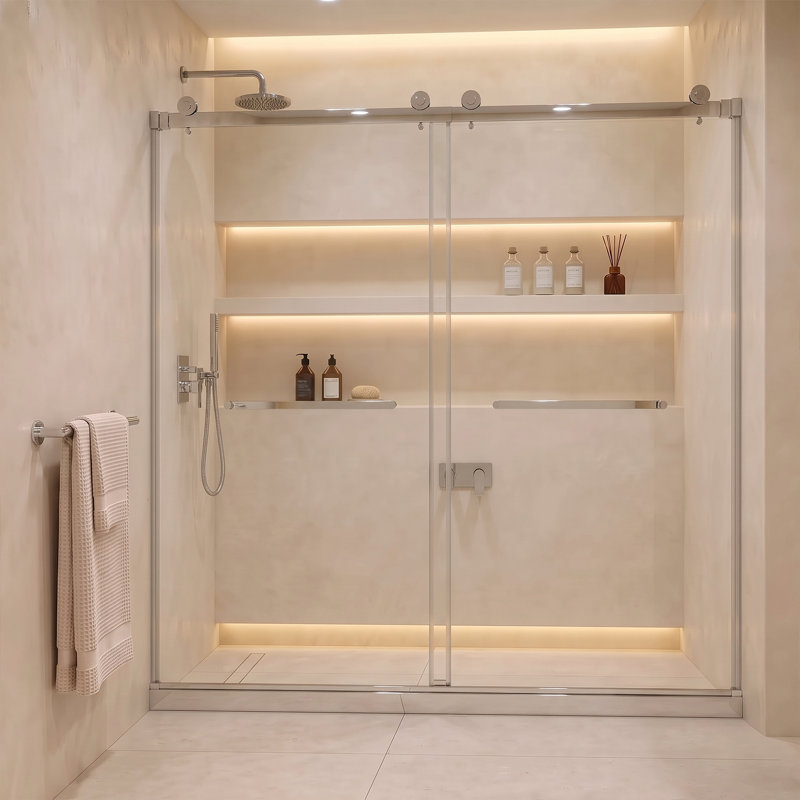 Porte de douche coulissante double sans cadre l 60 po x H 80 po, Chrome poli